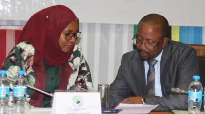 Chief Secretary of the Zanzibar Revolutionary Government Eng. Zena Ahmed Said, shares a point with the APS-HRMnet President Mr. Xavier M. Daudi on TPS-HRMnet inauguration event held at Arusha International Conference Centre in Arusha Tanzania on 6th May, 2024.